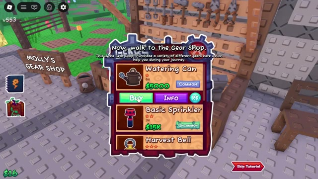 Garden Horizons Molly's Gear Shop interface showing tools and sprinkler prices